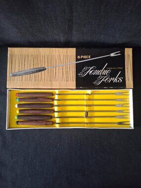 Vintage 1960s MCM Set of Six Fondue Forks in Original Box MIJ Stainless Steel